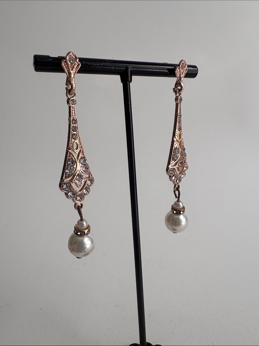 Rose Gold Pearl Drop Earrings Vintage Style Crystal Women Jewelry
